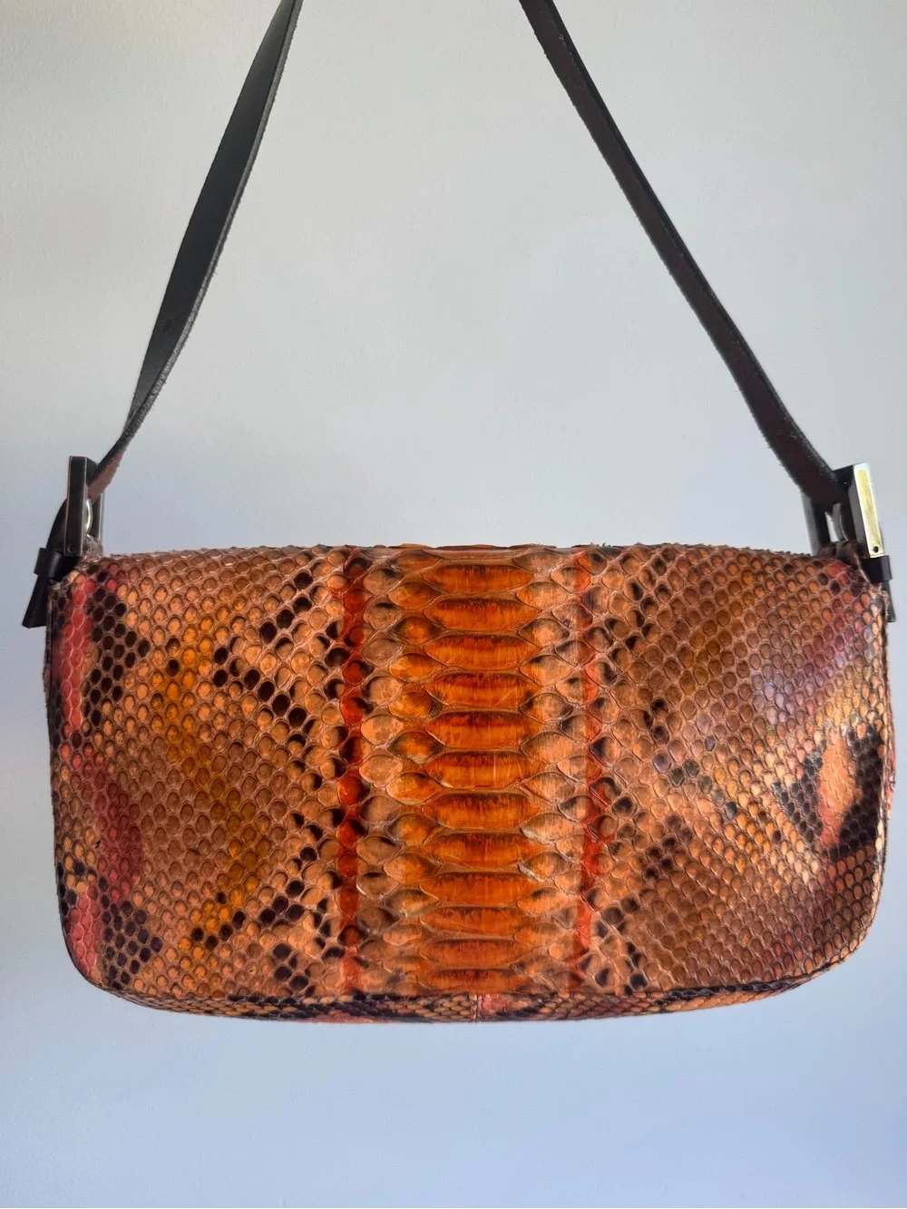 Fendi Orange and Black Python Shoulder Baguette Bag